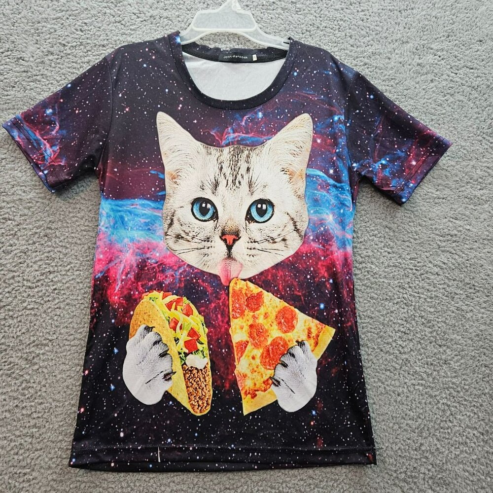 Galaxy Cat Pizza & Taco Graphic T-Shirt Space Theme Size S
